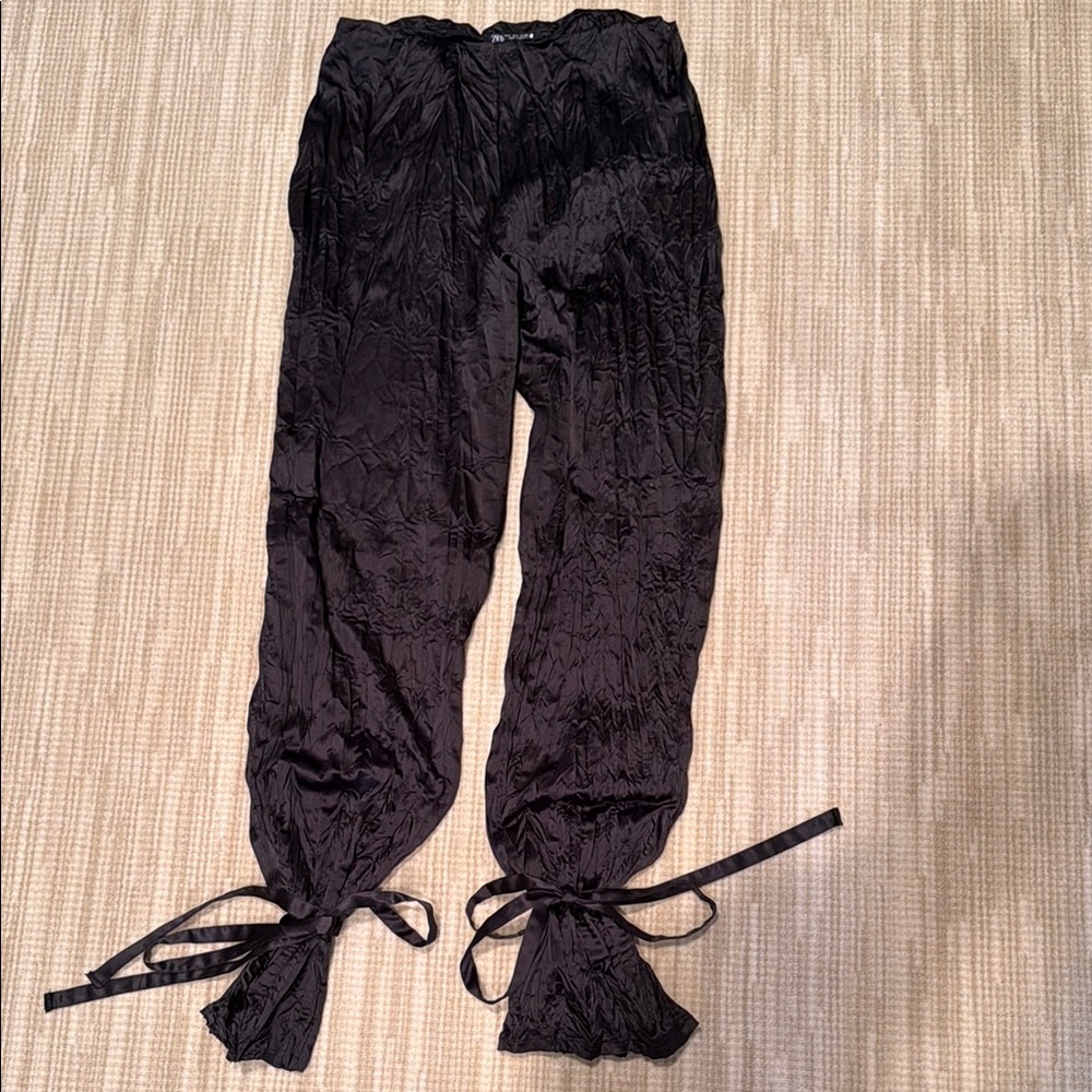 Zara Black Crinkled Tie-Hem Pants